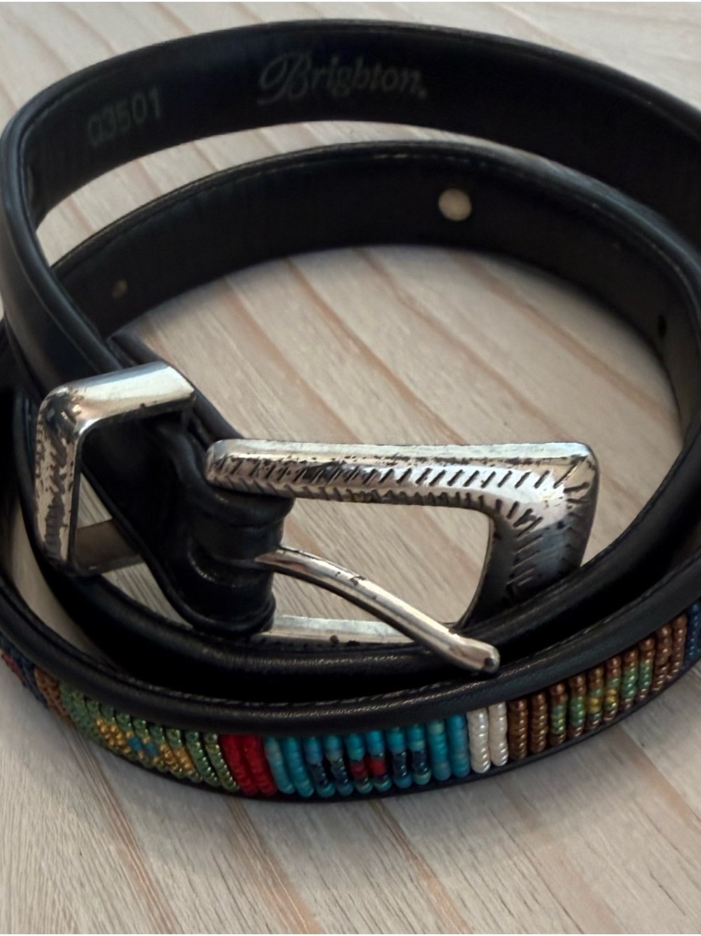 Brighton Black Leather Belt with Multicolor Bead Accent
